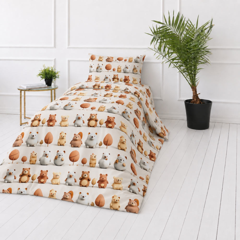 Bedding Set „Besties“. Bedding sets 155x200, 140x200 cm, 150x200 cm, 160x200 cm. Children's bedding set featuring brown, grey and cream-colored bears. Bedding Set „Besties“. Bedding sets 155x200, 140x200 cm, 150x200 cm, 160x200 cm. Children's bedding set featuring brown, grey and cream-colored bears.