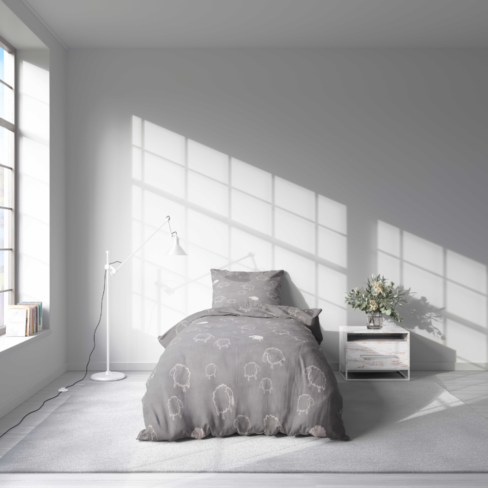 Single bedding set „Lunar Sheep”. Bedding sets 155x200, 140x200 cm, 150x200 cm, 160x200 cm. Grey duvet set featuring small sheep prints
