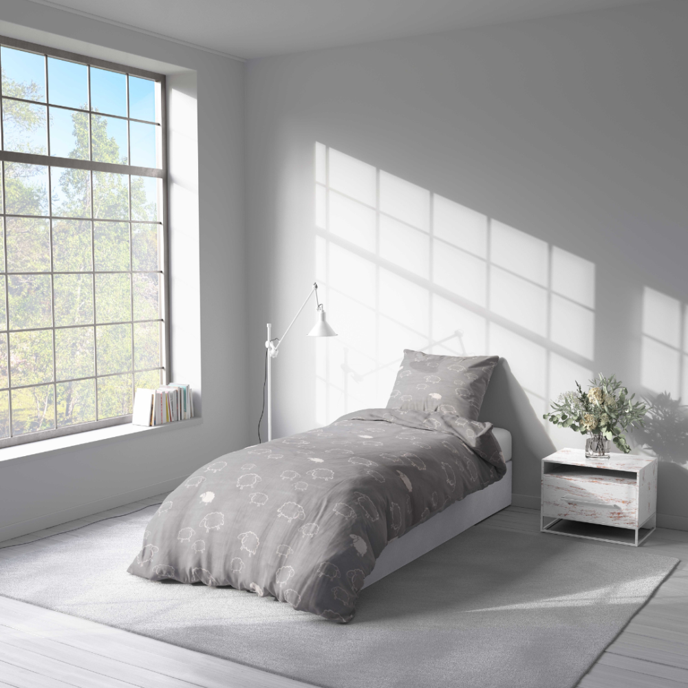 Single bedding set „Lunar Sheep”. Bedding sets 155x200, 140x200 cm, 150x200 cm, 160x200 cm. Light grey bedding with minimalist sheep motif