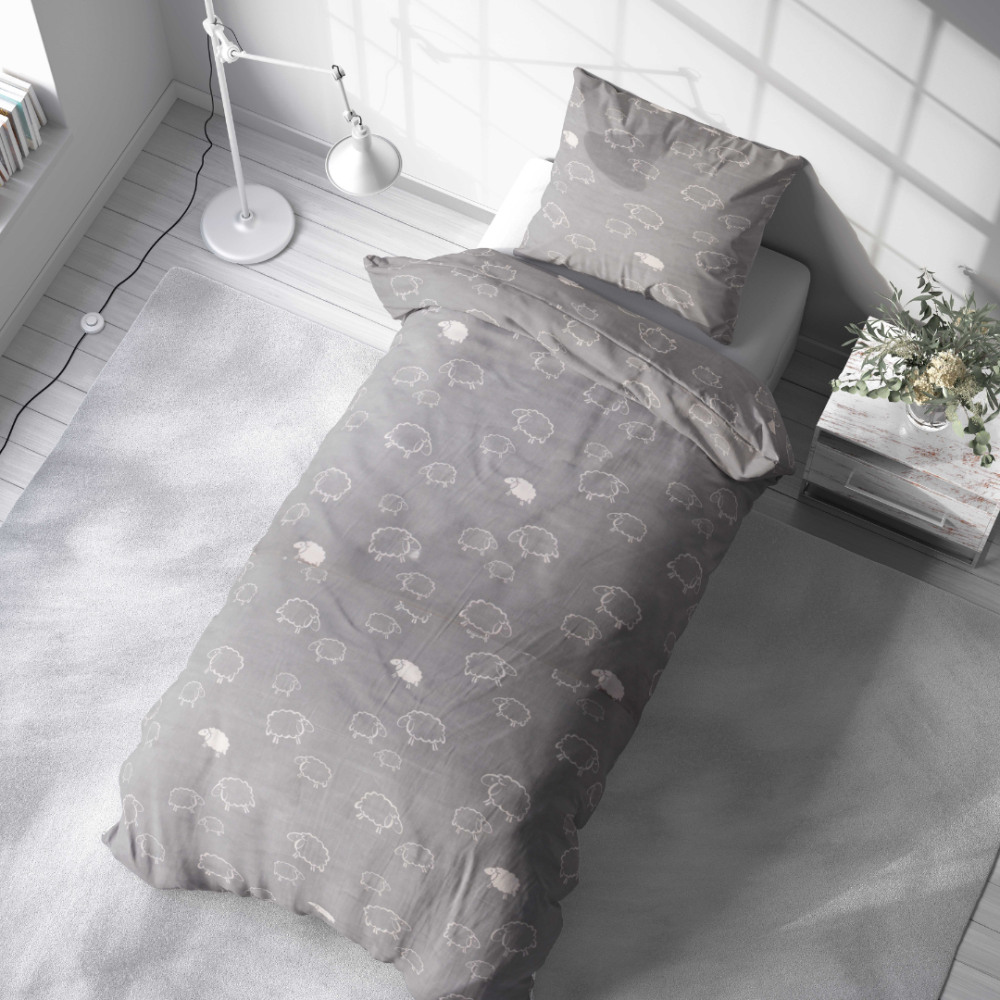 Single bedding set „Lunar Sheep”. Bedding sets 155x200, 140x200 cm, 150x200 cm, 160x200 cm. Neutral grey bedding with white sheep design