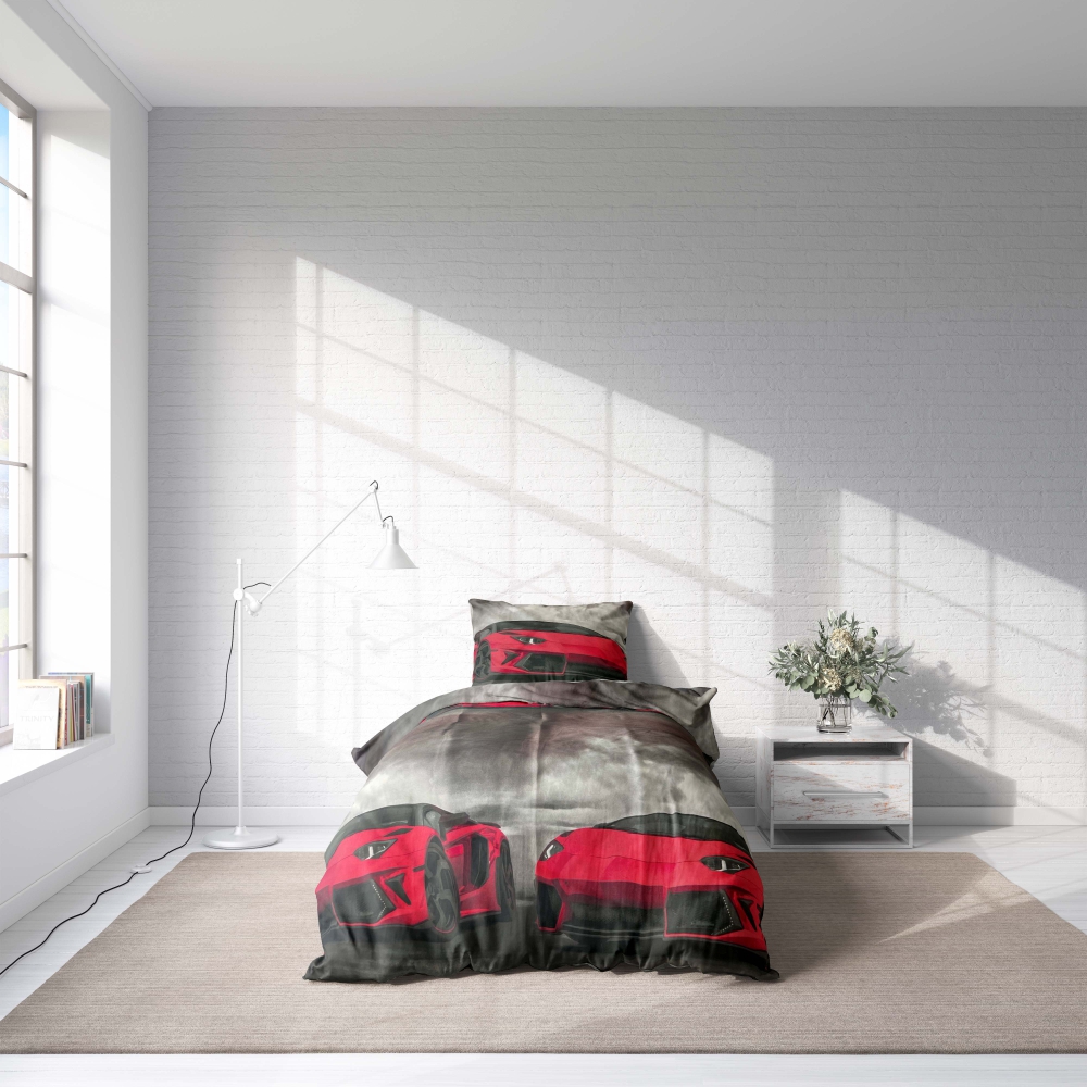 Children’s Bedding Set “Sports Cars”. Microfiber bedding sets, 140x200 cm. Stylish dark grey bedding set with striking red sports cars, ideal for car enthusiasts seeking a modern and sporty bedroom look.
