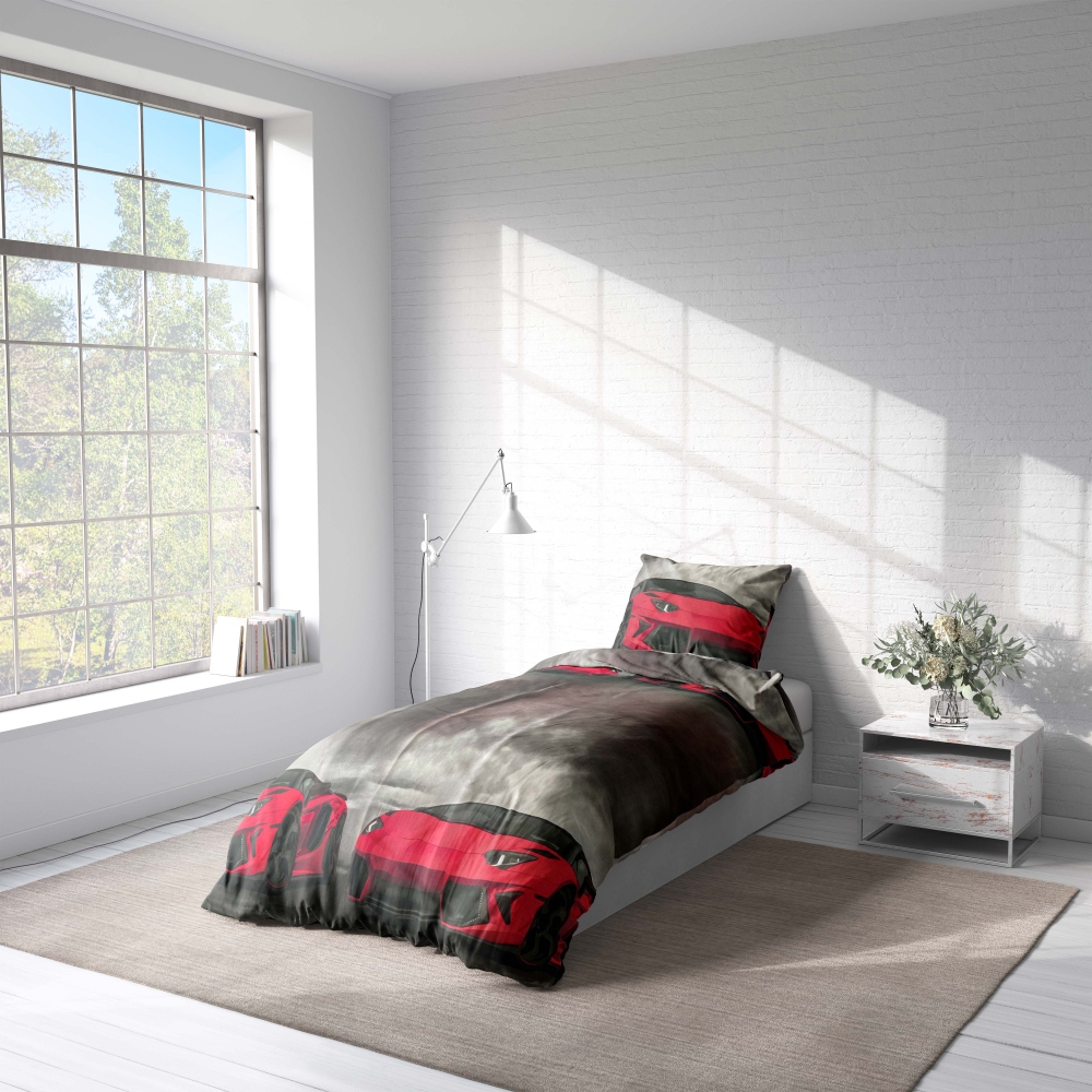 Children’s Bedding Set “Sports Cars”. Microfiber bedding sets, 140x200 cm. Dark grey bedding set adorned with red sports cars, combines comfort and style for a bold and energetic bedroom decor.