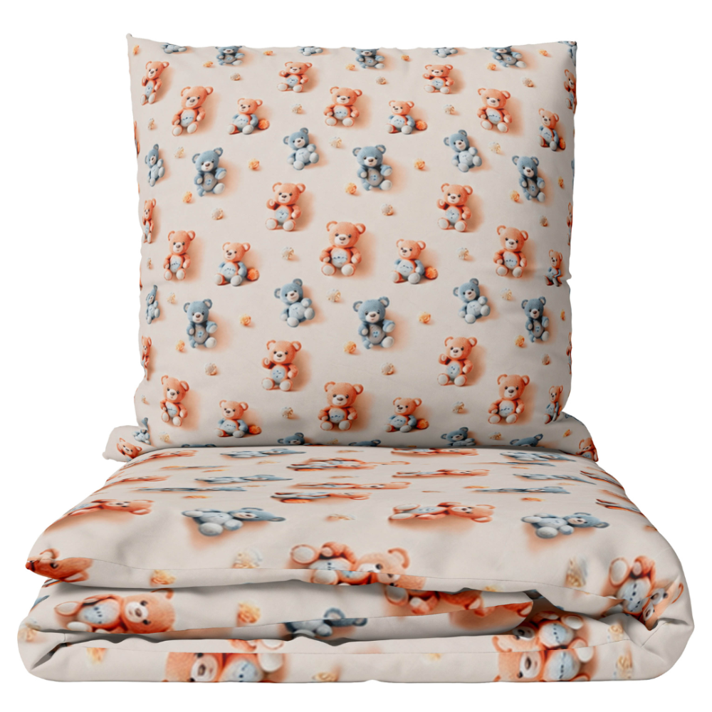 Bedding Set „Tiny Crew“. Bedding sets 155x200, 140x200 cm, 150x200 cm, 160x200 cm. Cream bedding set with orange and blue-grey bear pattern. Bedding Set „Tiny Crew“. Bedding sets 155x200, 140x200 cm, 150x200 cm, 160x200 cm. Cream bedding set with orange and blue-grey bear pattern.