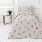Children’s Bedding Set „Bear“. Bedding sets 155x200, 100x140 cm, 140x200 cm, 150x200 cm, 160x200 cm. Bedding with brown teddy bears, white clouds and grey sprigs on a light grey background.