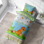 Children’s Bedding Set „Dino”. Kids bedding, 100x140 cm. Light green bedding set with playful green and orange dinosaur patterns, adding a fun and cozy feel to any child's bedroom.