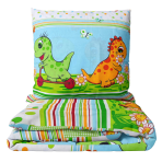 Children’s Bedding Set „Dino”. Kids bedding, 100x140 cm. Light green children's bedding set with playful green and orange dinosaurs, perfect for a fun and cozy bedtime.