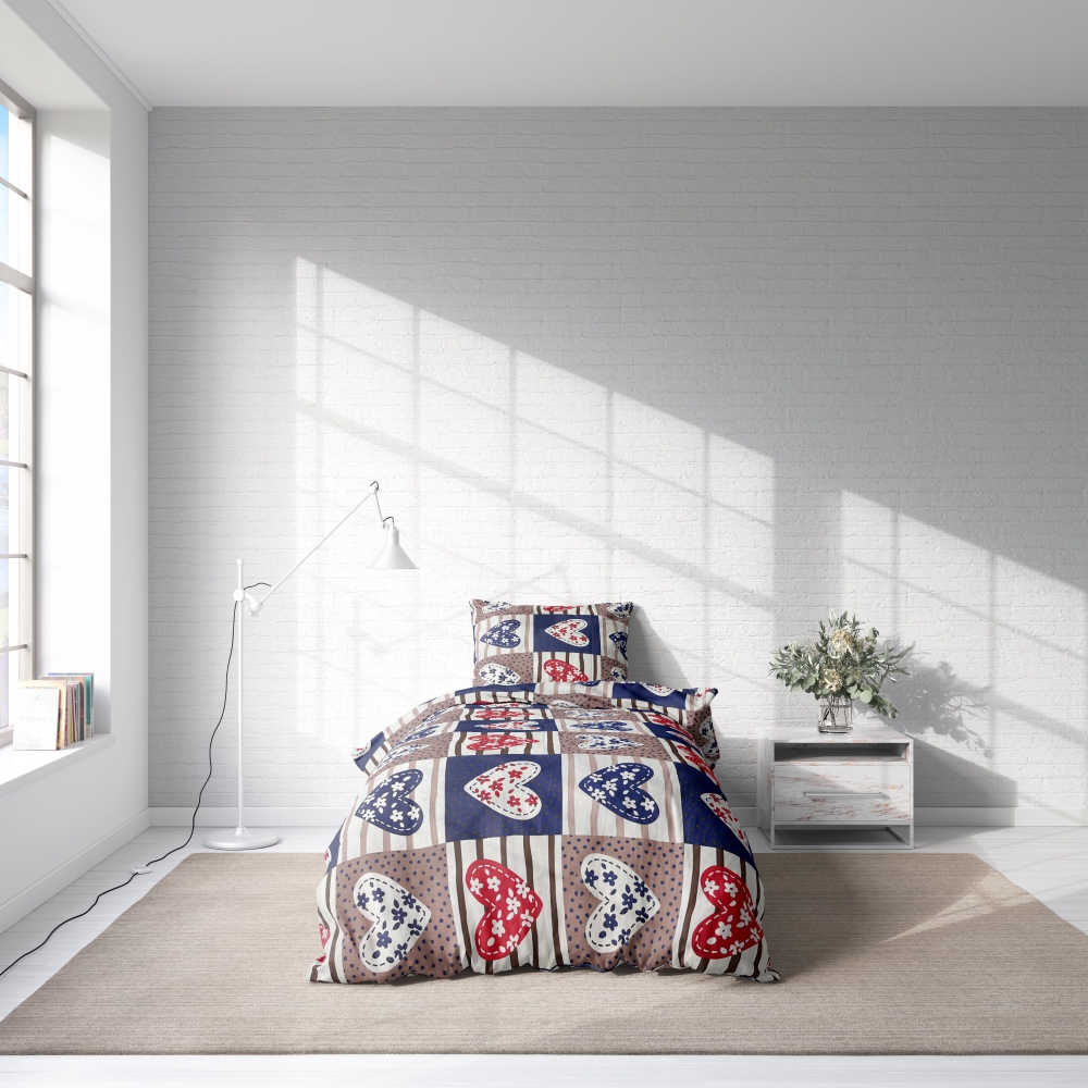 Children’s Bedding Set „Love tiles”. Kids bedding, 100x140 cm. Dark blue and brown bedding set featuring red and blue hearts in a tiled design, perfect for a child's cozy and loving bedroom.