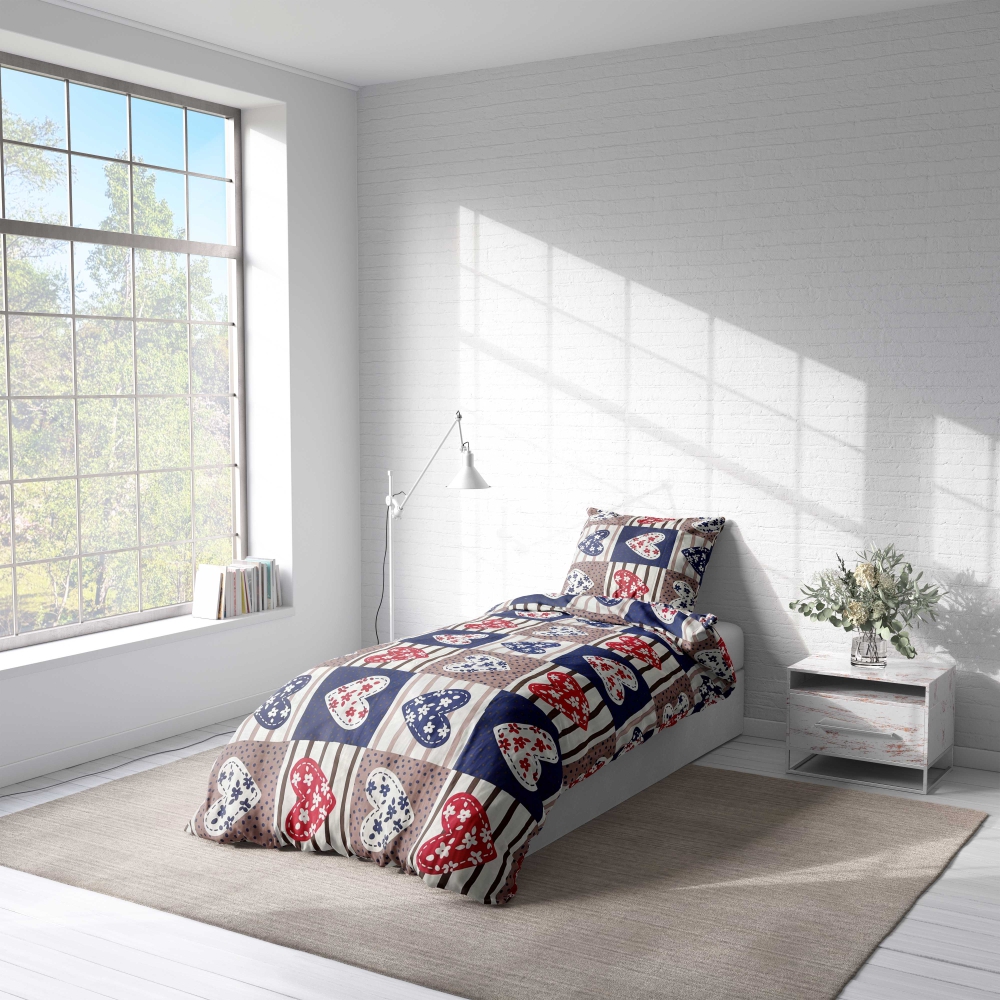 Children’s Bedding Set „Love tiles”. Kids bedding, 100x140 cm. Children's bedding set in dark blue and brown with tile patterns of red and blue hearts for a sweet and stylish look.