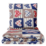 Children’s Bedding Set „Love tiles”. Kids bedding, 100x140 cm. Dark blue and brown children's bedding set with red and blue hearts in tile patterns, adding a charming and cozy touch.