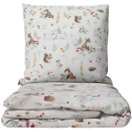 Children’s Bedding Set „Kuddle Knoll”. Bedding sets 155x200, 100x140 cm, 140x200 cm, 150x200 cm, 160x200 cm. Light-toned kids’ bedding design with forest animals