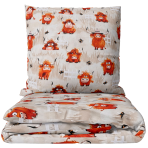 Children’s Bedding Set „Safari Bulls”. Bedding sets 155x200, 100x140 cm, 140x200 cm, 150x200 cm, 160x200 cm. Fun bedding set with orange highland cows and bees on a sandy background.
