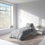 Children’s Bedding Set „Bike buddy”. Kids bedding, 100x140 cm. Blue children's bedding set adorned with pink and blue bicycles, flowers, and yellow birds, creating a vibrant and fun atmosphere.