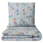 Children’s Bedding Set „Bike buddy”. Kids bedding, 100x140 cm. Children's bedding set in blue with pink and blue bicycles, pink and blue flowers, and yellow birds for a playful, colorful design.