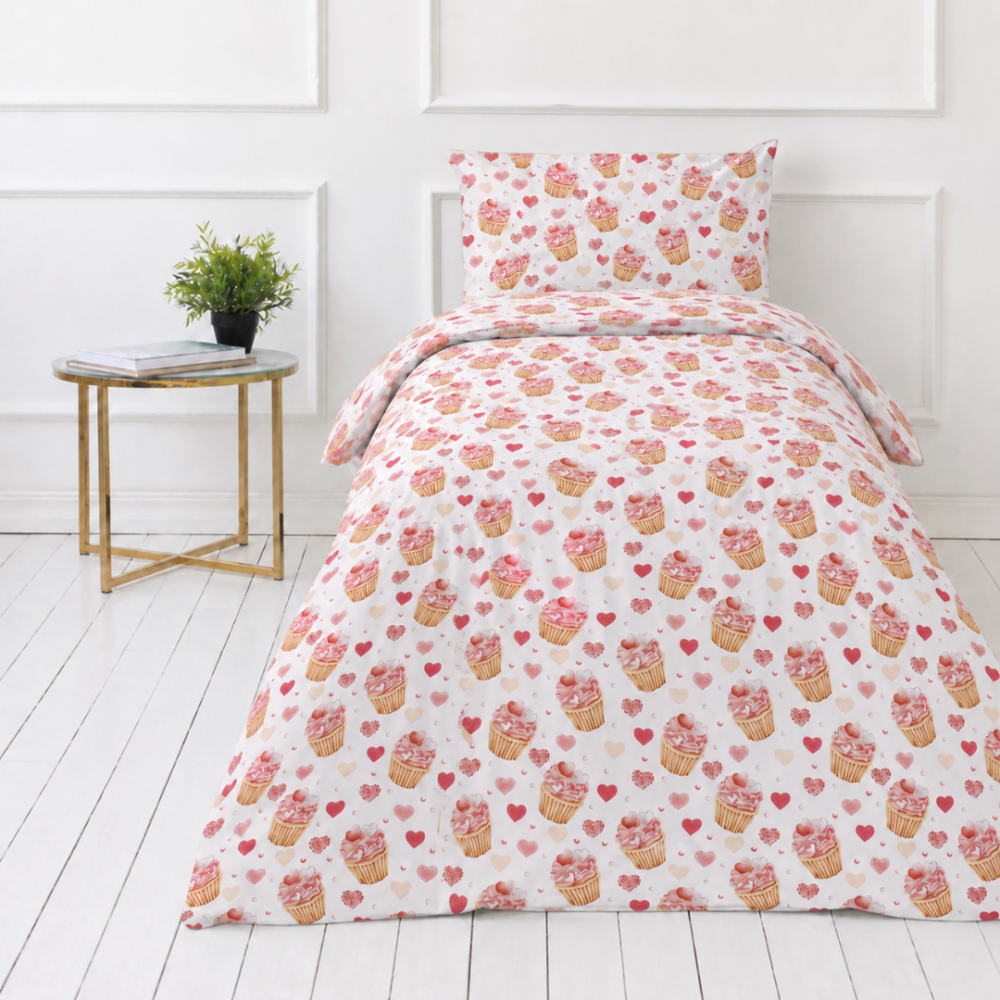 Children’s Bedding Set „Muffins“. Bedding sets 155x200, 100x140 cm, 140x200 cm, 150x200 cm, 160x200 cm. White bedding set with pink cupcakes and colourful hearts Children’s Bedding Set „Muffins“. Bedding sets 155x200, 100x140 cm, 140x200 cm, 150x200 cm, 160x200 cm. White bedding set with pink cupcakes and colourful hearts
