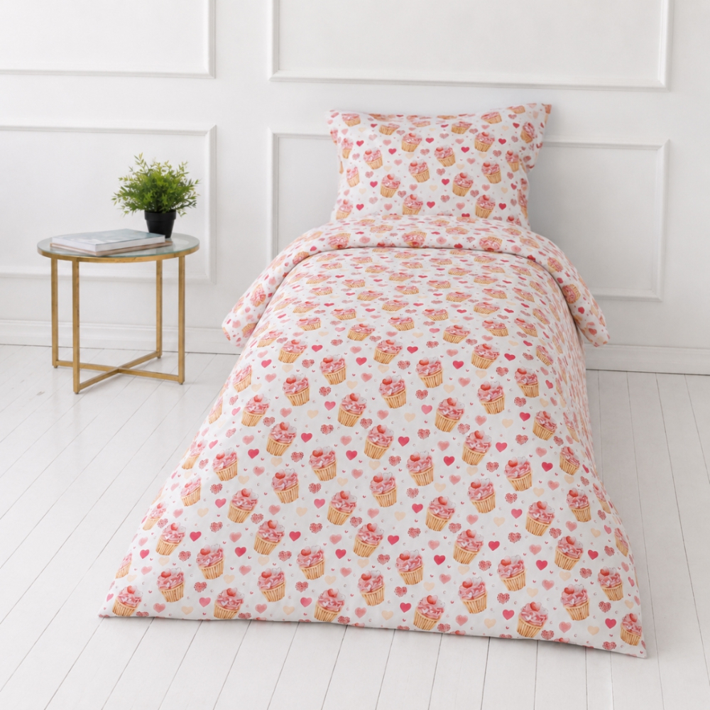 Children’s Bedding Set „Muffins“. Bedding sets 155x200, 100x140 cm, 140x200 cm, 150x200 cm, 160x200 cm. Light bedding with pink cupcakes, red and peach-coloured hearts Children’s Bedding Set „Muffins“. Bedding sets 155x200, 100x140 cm, 140x200 cm, 150x200 cm, 160x200 cm. Light bedding with pink cupcakes, red and peach-coloured hearts
