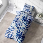 Single bedding set „Ambiance“. Bedding sets 135x200, 140x200 cm. Stylish bedding set in white with an array of blue dotted painting patterns, perfect for a lively and modern bedroom decor.