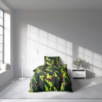 Single bedding set „Camouflage“. Bedding sets 155x200, 140x200 cm, 150x200 cm, 160x200 cm. Green bedding set featuring camouflage pattern elements.
