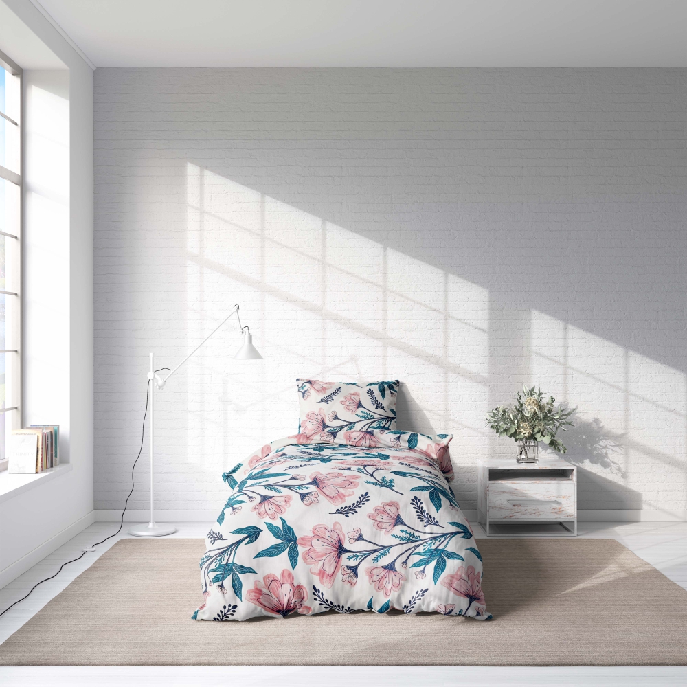 Single bedding set „Elegant“. Bedding sets 135x200, 140x200 cm. Elegant white bedding set featuring green flower stems and pink blossoms, perfect for a refreshing decor.