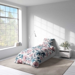 Single bedding set „Elegant“. Bedding sets 135x200, 140x200 cm. White bedding set adorned with green stems and pink blossoms, adding a touch of nature to your bedroom.
