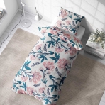 Single bedding set „Elegant“. Bedding sets 135x200, 140x200 cm. Stylish white bedding set with green stems and pink blossoms, offering a charming and natural floral design.