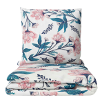 Single bedding set „Elegant“. Bedding sets 135x200, 140x200 cm. Bedding set in white with green flower stems and pink blossoms, creating a fresh and vibrant floral look.