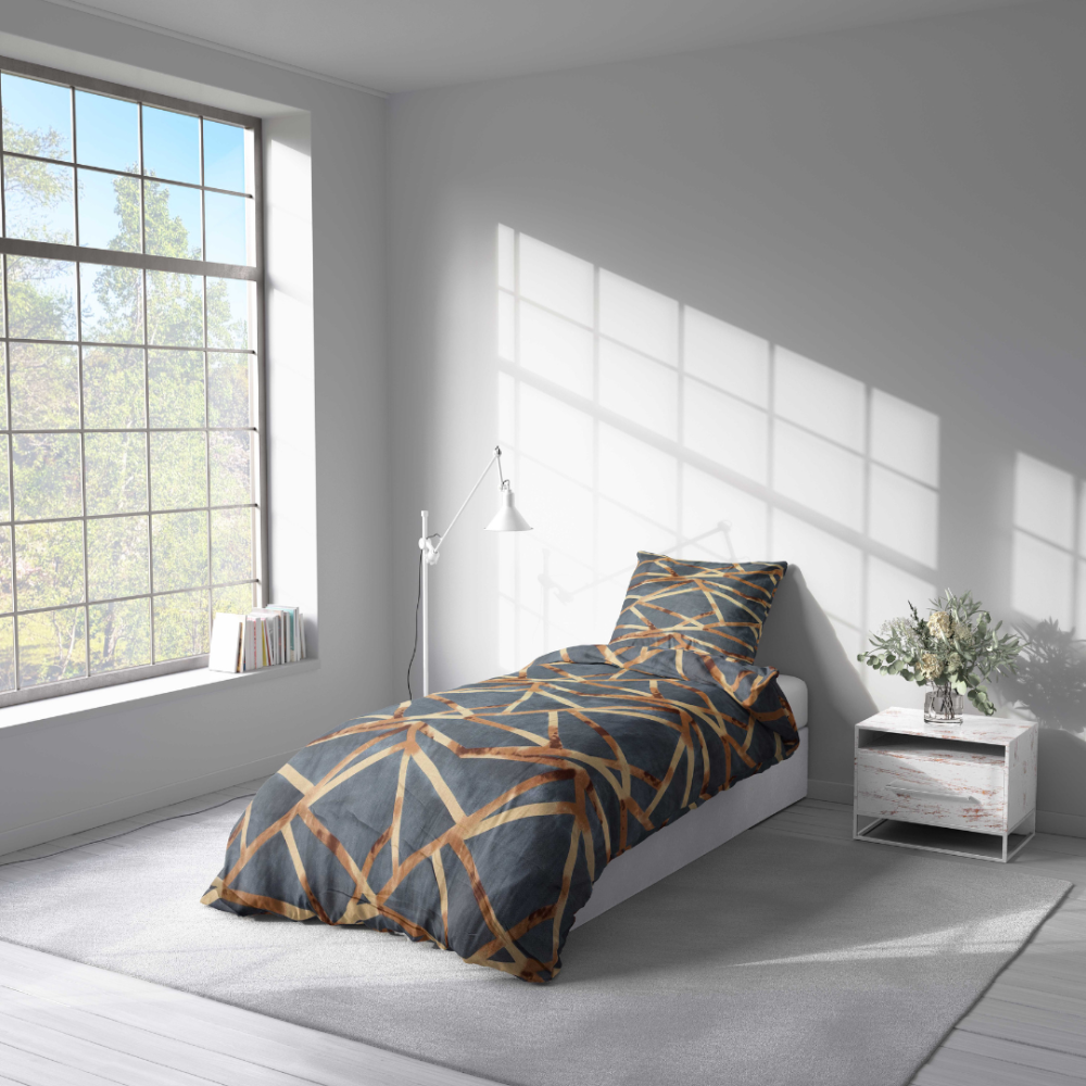 Single bedding set „Zafirion“. Bedding sets 155x200, 140x200 cm, 150x200 cm, 160x200 cm. Graphite bedding with geometric gold stripes.