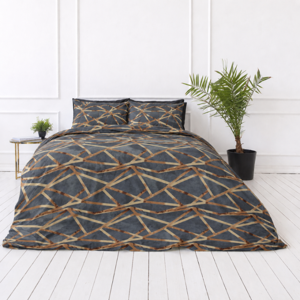 Single bedding set „Zafirion“. Bedding sets 155x200, 140x200 cm, 150x200 cm, 160x200 cm. Dunkles bettwäsche-design mit frei verlaufenden goldenen linien.