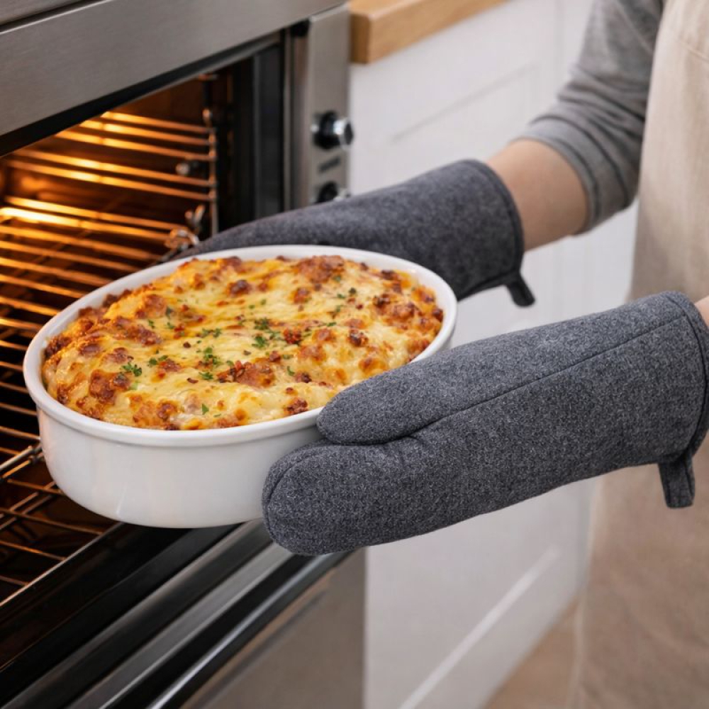 Oven mitts „Harbor Grid glove“. Oven gloves. Plain dark grey kitchen oven mitt made from cotton