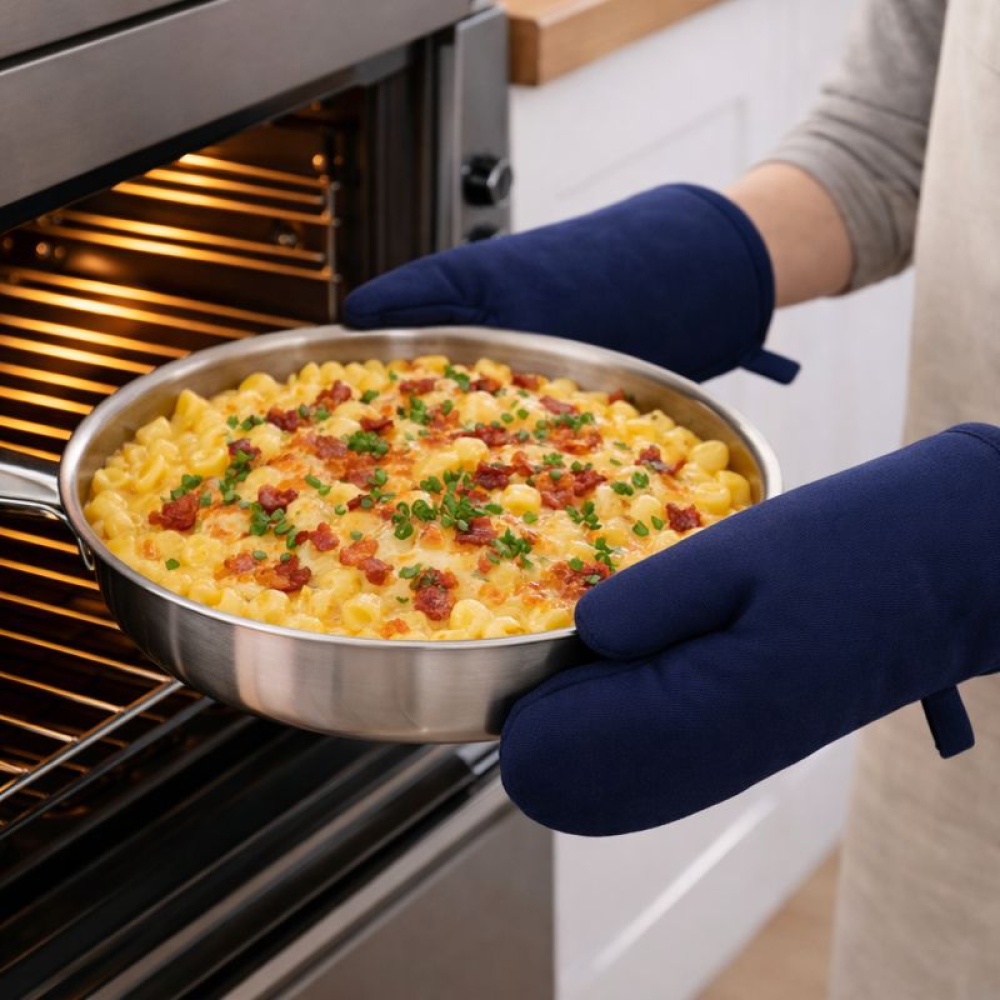 Oven mitts „Sky Loom glove“. Oven gloves. Plain navy blue kitchen oven mitt made from cotton