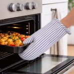 Oven mitts „Tide Lines glove“. Oven gloves. Cotton oven mitt with grey and white vertical stripes, minimalist kitchen accessory