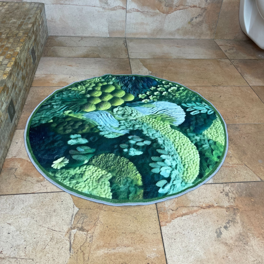 Bath mat “Circle Gouache”, 80x80 cm. Nature-inspired bathmat with moss-like greens, a botanical delight.
