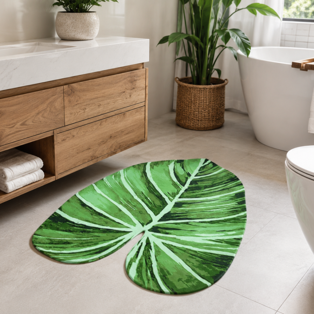 Bath mat “Leaf mat”, 58x88 cm. Vibrant bath mat with a large tropical leaf motif and green color pattern.