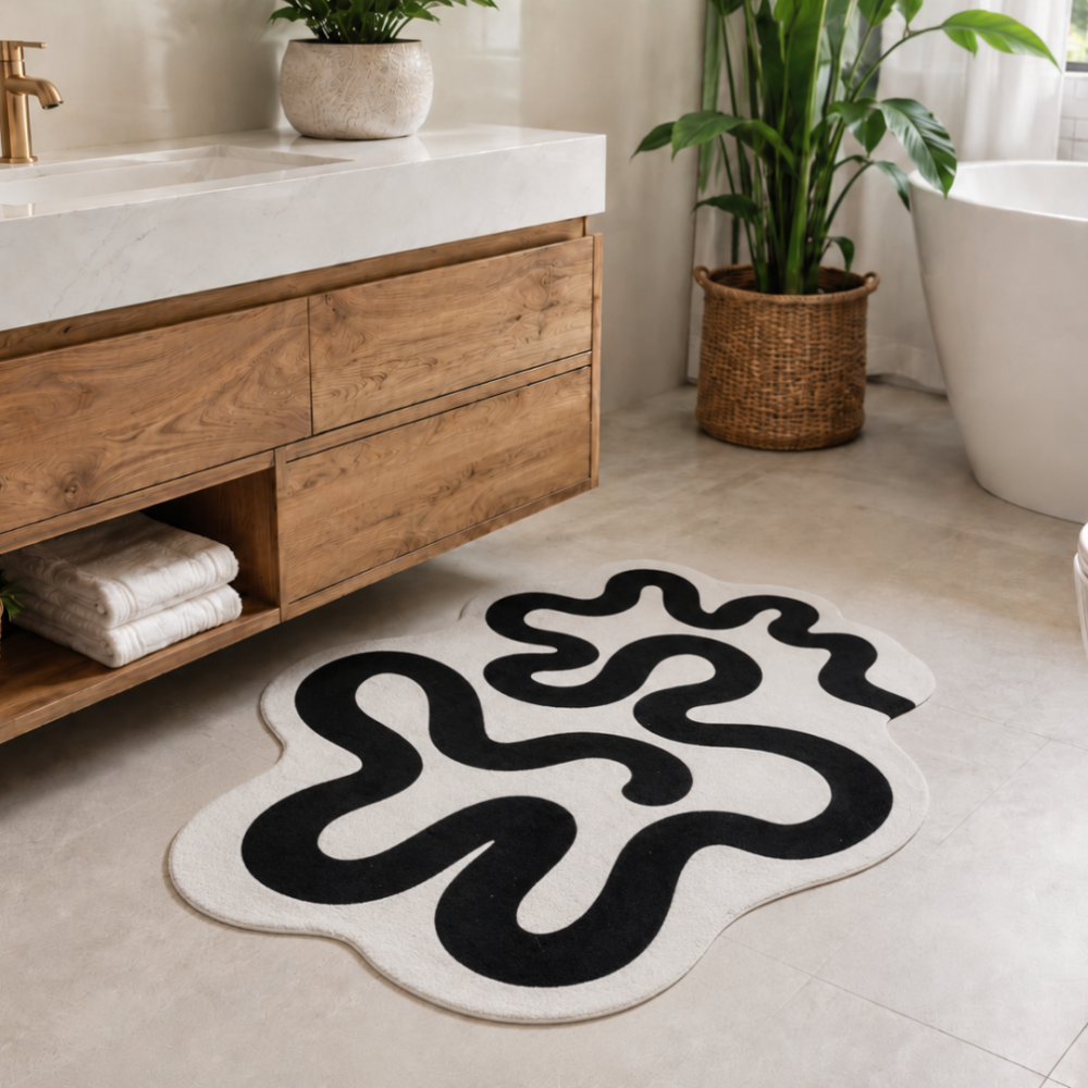 Bath mat “Orbit mat”, 58x88 cm. Irregular-shaped bath mat with a black and white graphic pattern.