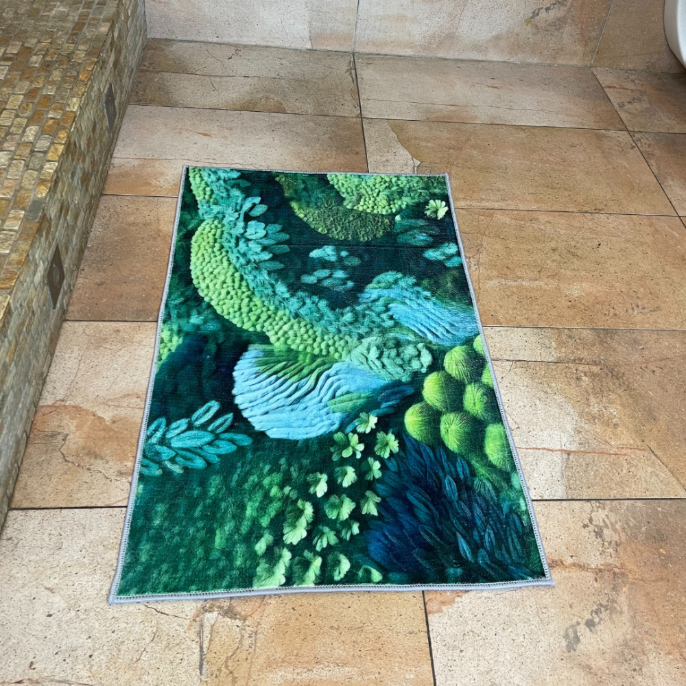 Bath mat “Rectangle Gouache”, 50x80 cm. Bathmat evoking a lush mossy landscape with artistic flair.