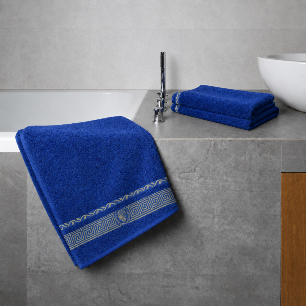 Bath towel “Blue Olympian”, 50x100 cm, 70x140 cm. Elegant dark blue towel that creates a cozy atmosphere in the bathroom.