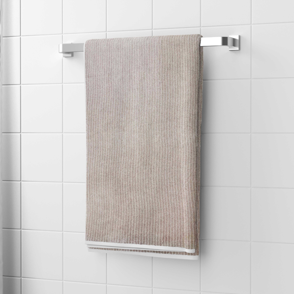 Bath towel “Brown Lines”, 70x140 cm. Stylish light brown towel adorned with white lines for elegance.