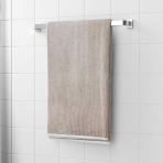 Bath towel “Brown Lines”, 70x140 cm. Stylish light brown towel adorned with white lines for elegance.
