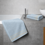 Bath towel “Glacier Olympian”, 70x140 cm. Pastel blue towel with golden ornamentation at the top and bottom. Bath towel “Glacier Olympian”, 70x140 cm. Pastel blue towel with golden ornamentation at the top and bottom.