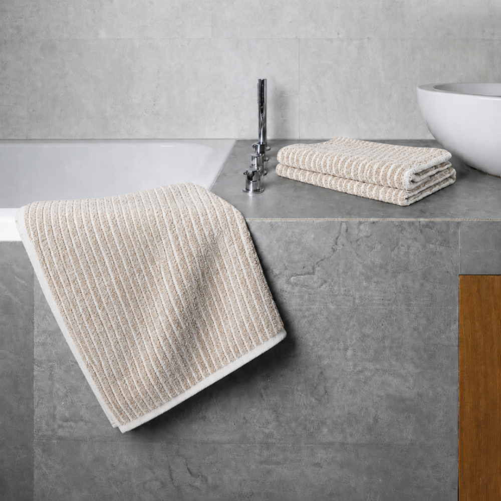 Bath Towel “Gray Lines”, 70x140 cm. Light striped towel combining soft white and grey tones Bath Towel “Gray Lines”, 70x140 cm. Light striped towel combining soft white and grey tones