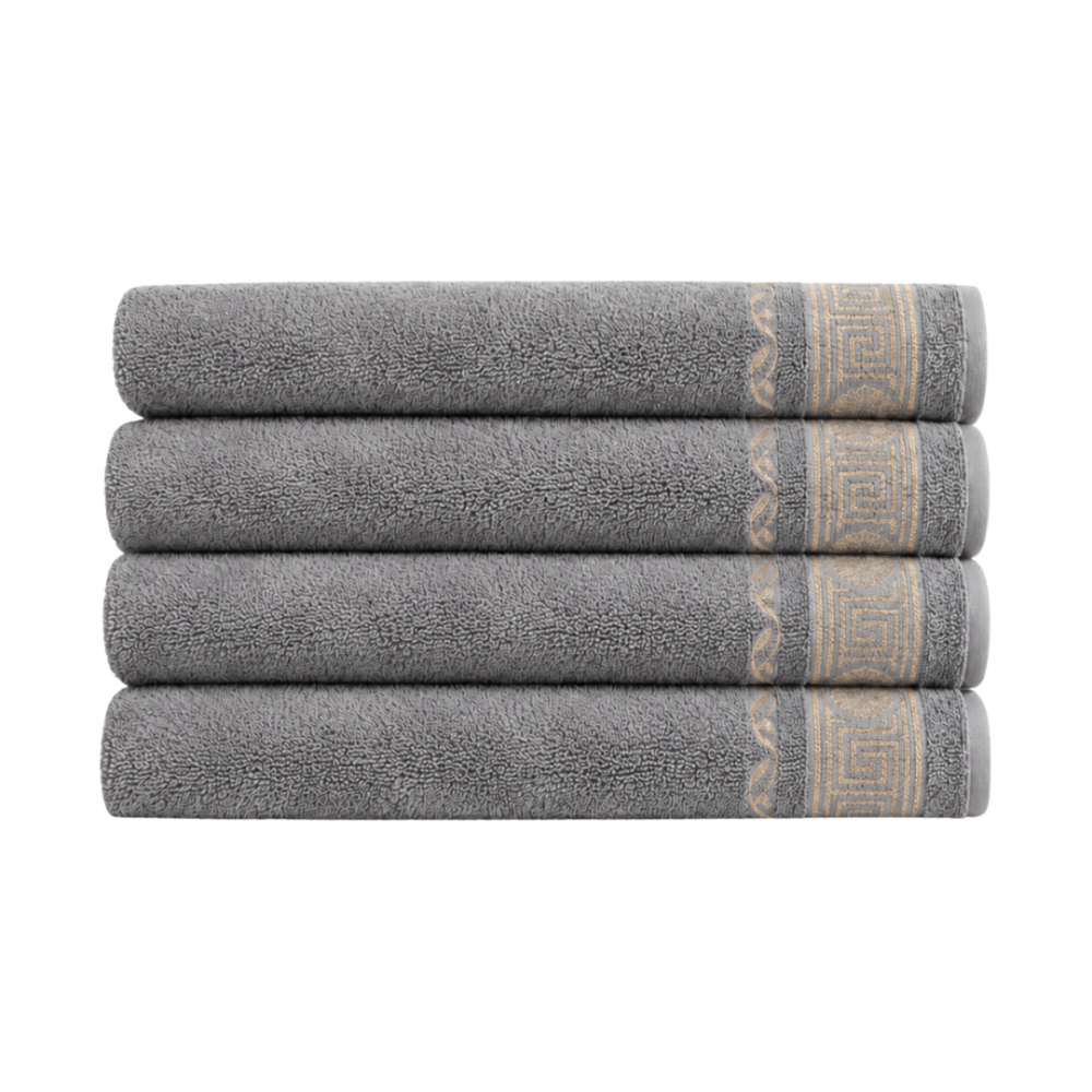 Bath towel “Grey Olympian”, 70x140 cm. Dark gray towel with greek ornaments and golden accents. Bath towel “Grey Olympian”, 70x140 cm. Dark gray towel with greek ornaments and golden accents.