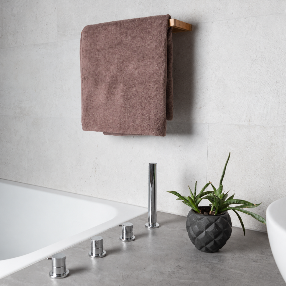 Bath towel “Light Brown towel”, 50x100 cm, 70x140 cm. Folded towel in a grayish brown shade