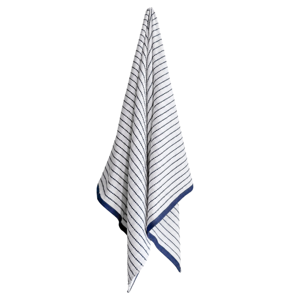 Bath towel “Marine Stripe”, 70x130 cm. White bath towel with fine dark blue horizontal stripes Bath towel “Marine Stripe”, 70x130 cm. White bath towel with fine dark blue horizontal stripes
