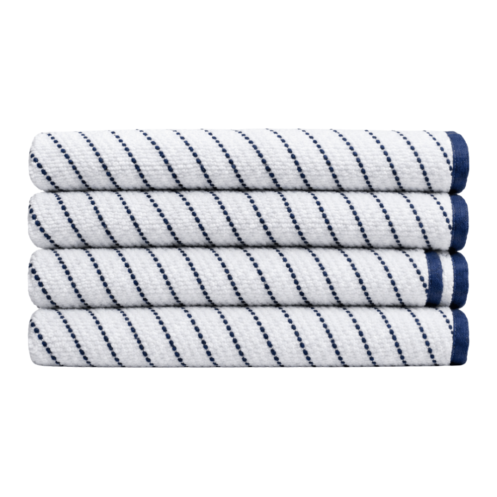 Bath towel “Marine Stripe”, 70x130 cm. White bath towel with thin dark blue stripes and blue edging. Bath towel “Marine Stripe”, 70x130 cm. White bath towel with thin dark blue stripes and blue edging.