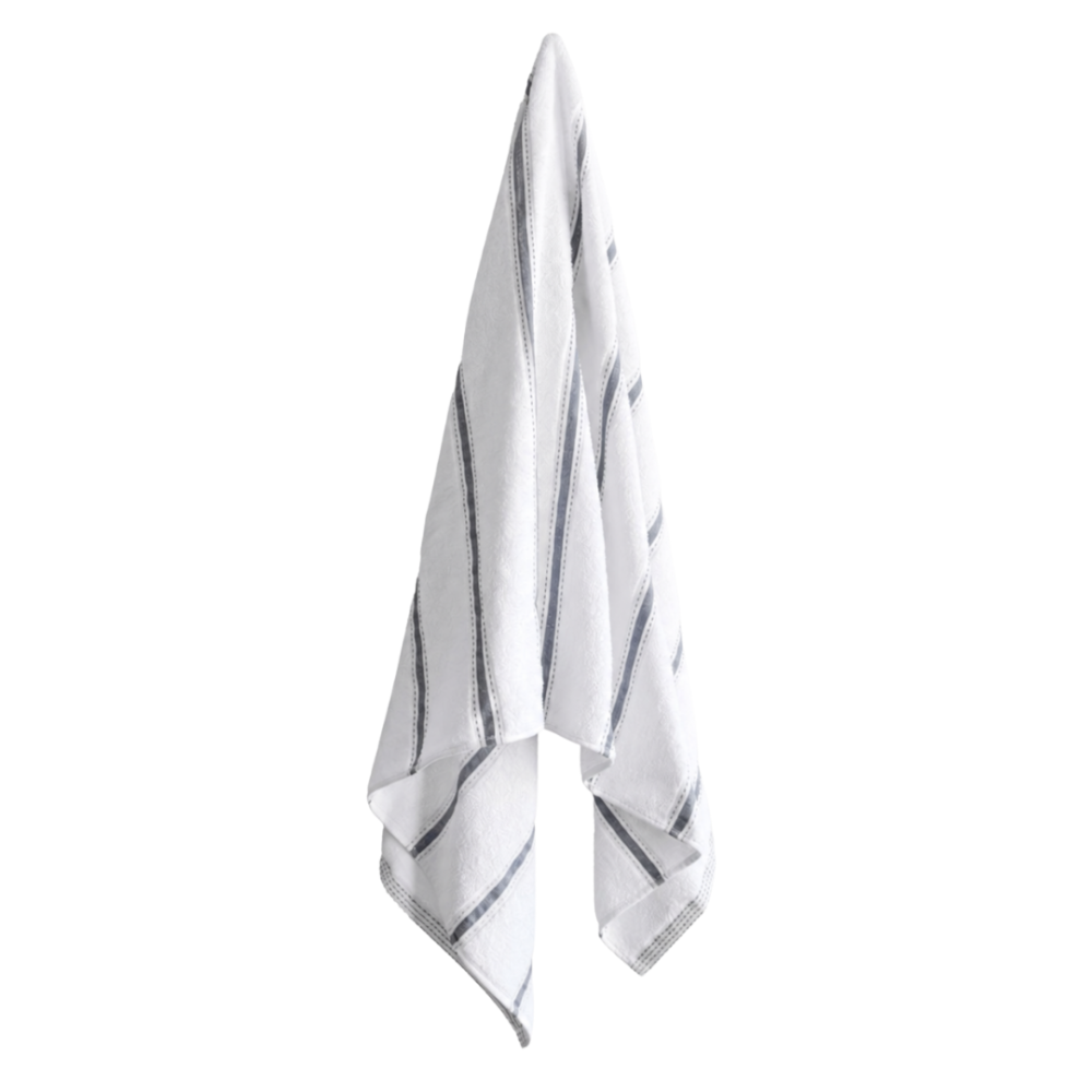 Bath towel “Pebble Stripe”, 70x130 cm. White towel decorated with subtle grey lines and stripes Bath towel “Pebble Stripe”, 70x130 cm. White towel decorated with subtle grey lines and stripes