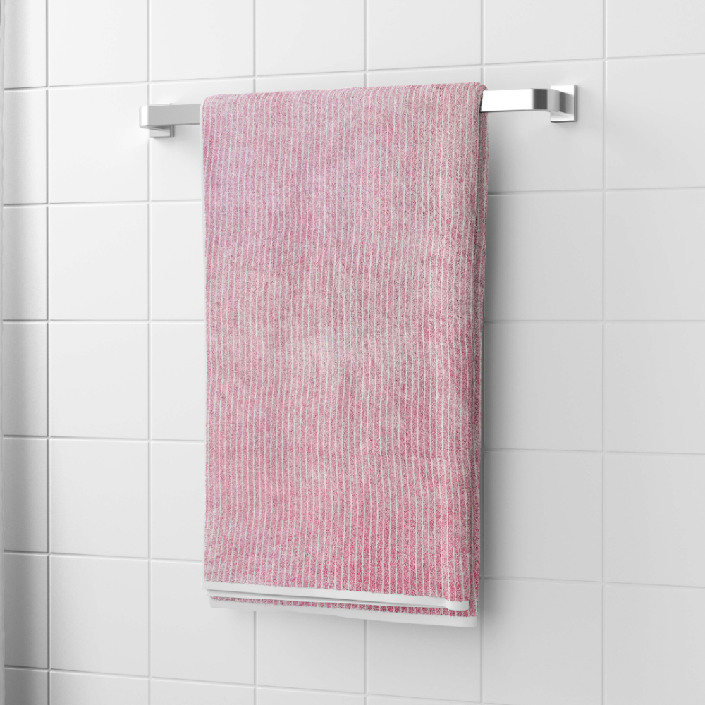 Bath Towel “Pink Lines”, 70x140 cm. Elegant light pink towel adorned with white lines for sophistication.