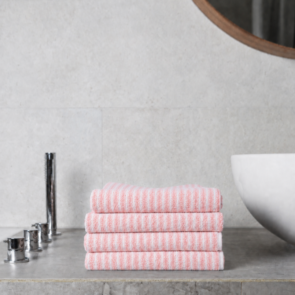 Bath Towel “Pink Lines”, 70x140 cm. Pink towel decorated with a subtle white horizontal line pattern Bath Towel “Pink Lines”, 70x140 cm. Pink towel decorated with a subtle white horizontal line pattern