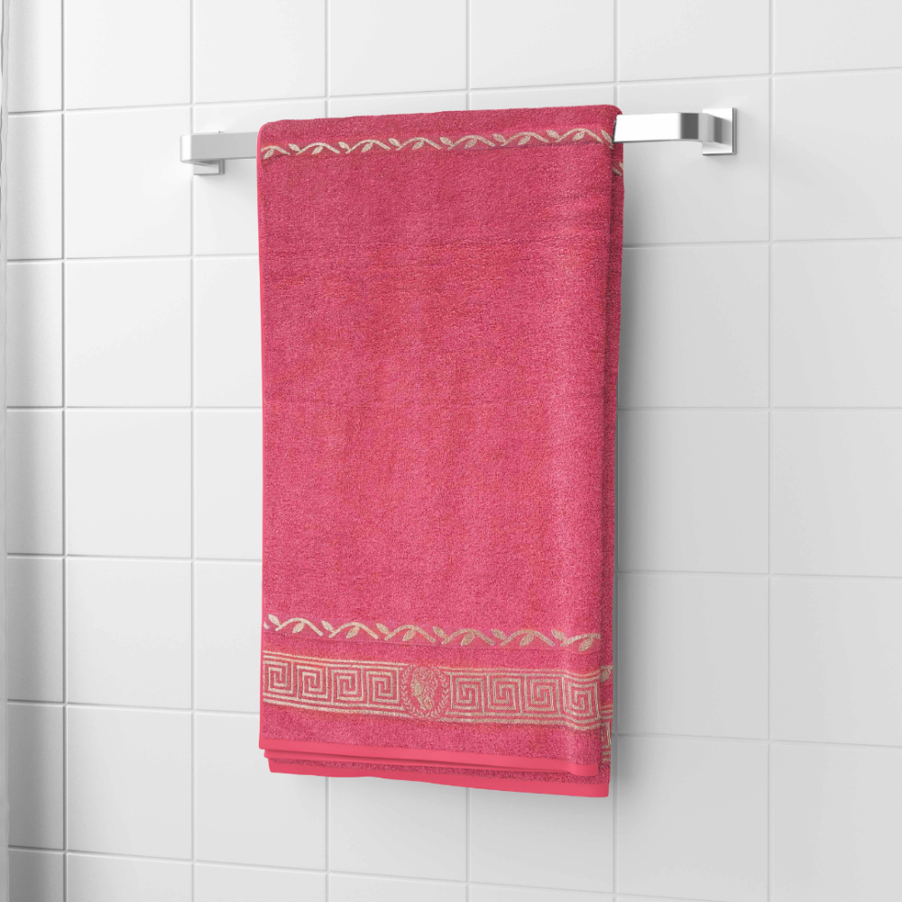 Bath towel “Red Olympian”, 50x100 cm, 70x140 cm. Elegant pink towel that creates a cozy atmosphere in the bathroom.