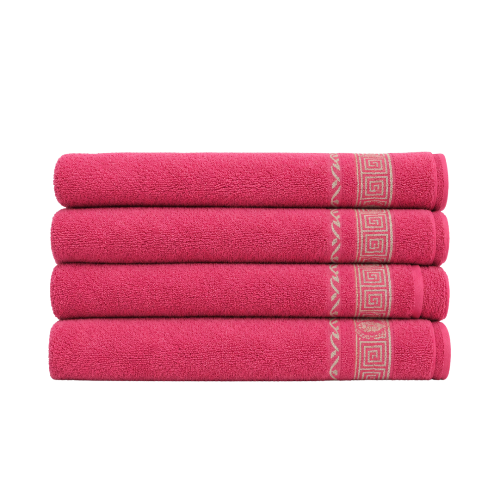 Bath towel “Red Olympian”, 50x100 cm, 70x140 cm. Pink towel with greek ornaments and golden accents. Bath towel “Red Olympian”, 50x100 cm, 70x140 cm. Pink towel with greek ornaments and golden accents.