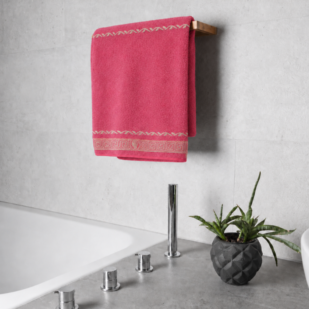 Bath towel “Red Olympian”, 50x100 cm, 70x140 cm. Elegant pink towel that creates a cozy atmosphere in the bathroom. Bath towel “Red Olympian”, 50x100 cm, 70x140 cm. Elegant pink towel that creates a cozy atmosphere in the bathroom.