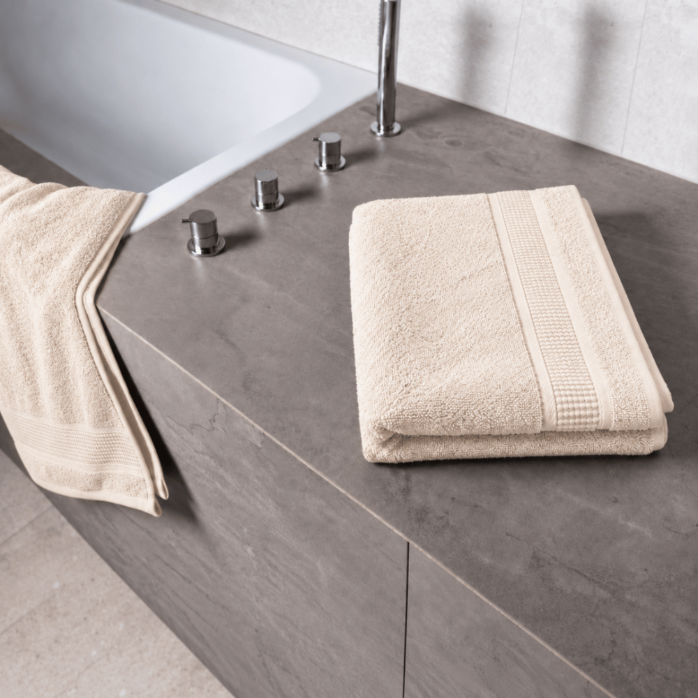 Bath towel “Royal Cream towel”, 70x140 cm. Warm cream towel with narrow edging along the decorative band. Bath towel “Royal Cream towel”, 70x140 cm. Warm cream towel with narrow edging along the decorative band.